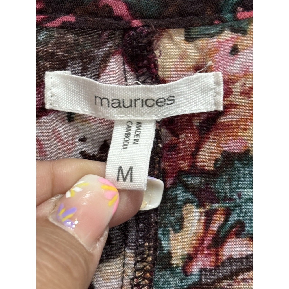 Maurices Burgundy/Green Floral Long Sleeve Smocked V Neck Ruffle Blouse Size M - Picture 3 of 8